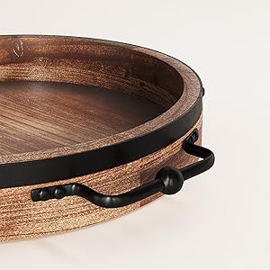 wholesale direct round coffee table tray - 13'' farmhouse wood serving tray with metal handles - round decorative tray for coffee table - round ottoman tray decor - wooden circle tray for kitchen counter bulk purchase at factory prices