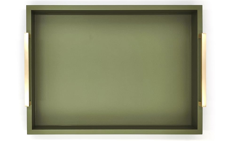 wholesale direct decorative coffee table tray - ottoman tray - breakfast, drinks, liquor serving platter - from farmhouse to modern - matte finish - champagne gold handles - loden green bulk purchase at factory prices