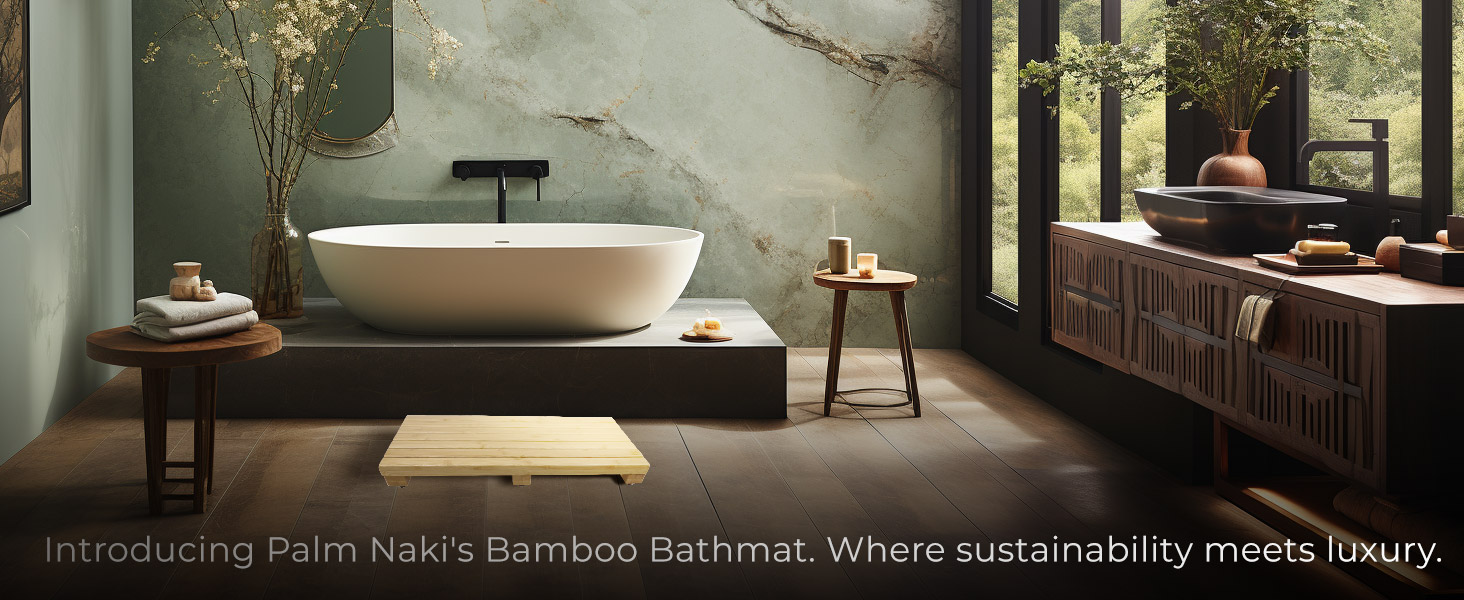 manufacturer direct palm naki bamboo bathmat - 100% natural wooden floor mat - non-slip, sustainable - modern asian design - perfect for bathroom & spa (21x14) trade price