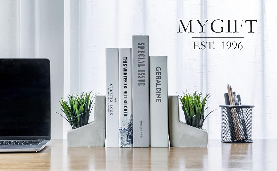 supplier direct mygift modern gray concrete l-shaped bookends for heavy books with artificial green grass plants, decorative heavy duty book stands for office desktop or bookshelf, 1 pair wholesale prices
