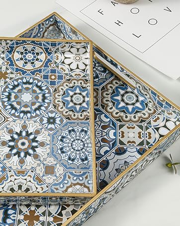wholesale direct 2 pcs serving tray with handles bohemian decorative tray large ottoman tray for living room blue coffee table tray bulk purchase at factory prices