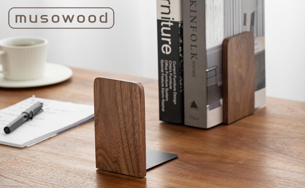 supplier direct muso wood book ends for shelves, non-slip bookends, heavy duty wooden bookend support for books and movies (walnut 1 pair) wholesale prices