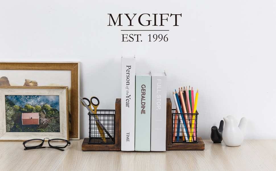 supplier direct mygift rustic burnt wood decorative bookends for heavy books with matte black metal wire basket pencil cup and office supplies storage baskets, 1-pair wholesale prices