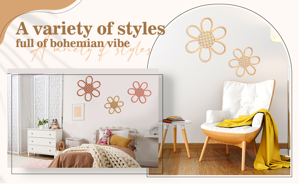 bulk purchase maitys 3 pieces boho daisy wall decor natural rattan flower wall hanging art wooden boho nursery flowers wall decor for home nursery(classic color) trade price