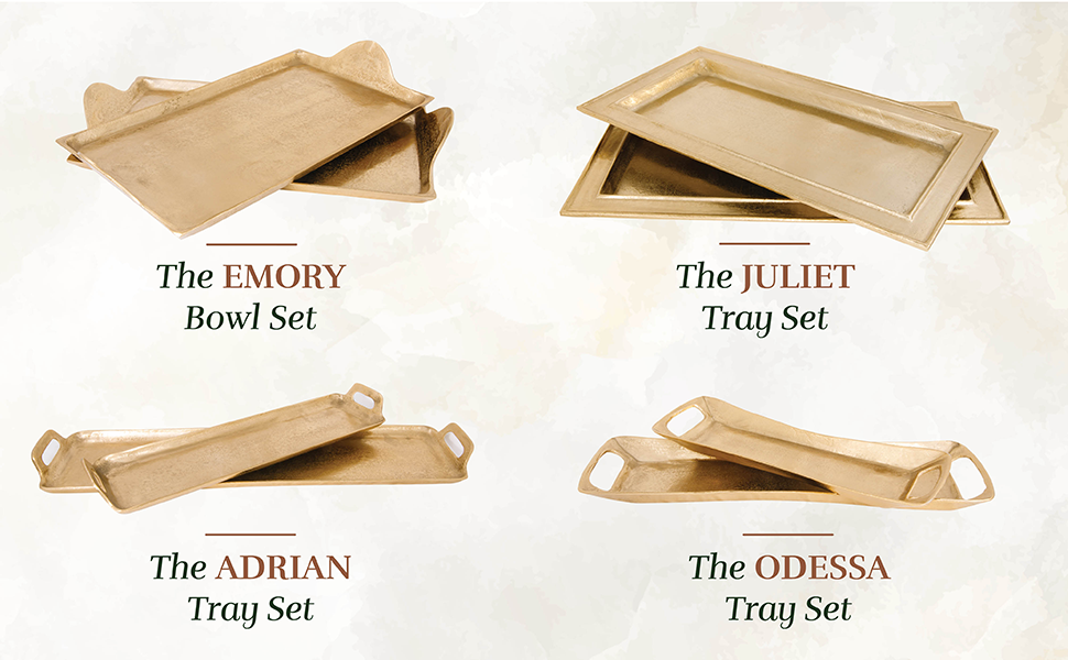 wholesale direct decorative gold trays by objet d’art, beaufort rectangular bar tray for living room, ottoman and coffee table, set of 2 trays for candles, liquor, and centerpieces bulk purchase at factory prices