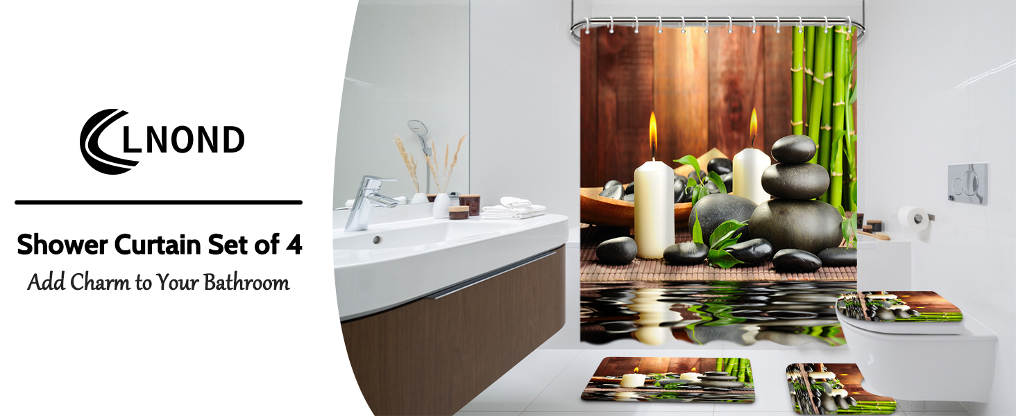 manufacturer direct lnond 4pcs spa bathroom shower curtain sets with rugs, stone bamboo bathroom sets with shower curtain and rugs and accessories trade price