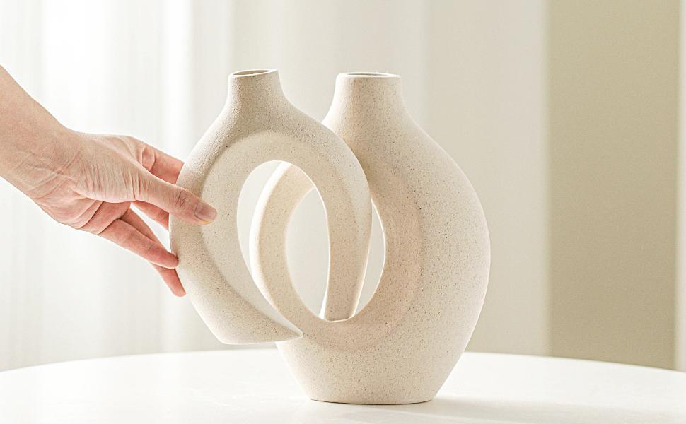 dropship from factory snuggle hollow ceramic vase set of 2, nordic modern boho ins style decorative ceramic aesthetic flower vase for home decor (milky white w 6.3