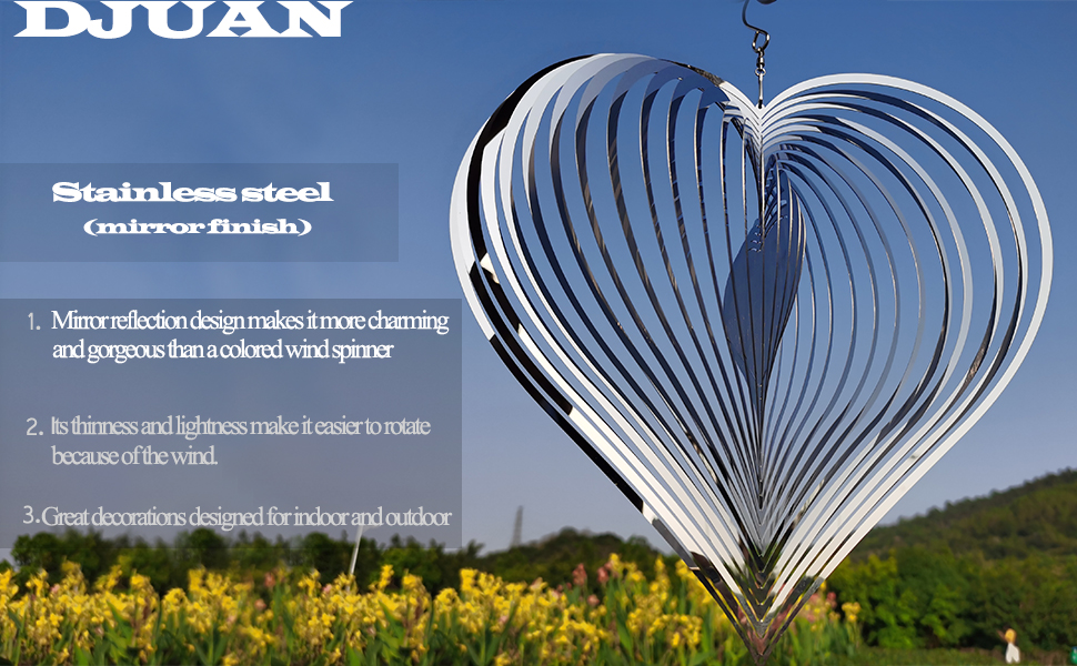 producer to buyer djuan wind spinner outdoor metal decorations,silver heart wind spinners for yard and garden,stainless steel wind chimes for outside decor,birthday gifts for mom,mother's day,aunt gifts discounted pricing