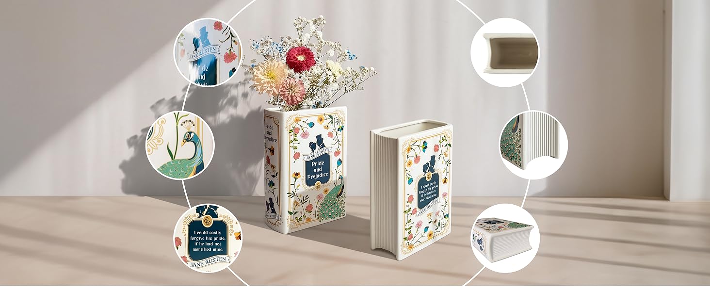 oem/odm services h&h pride and prejudice book vase for flowers - large ceramic book planter pot - jane austen bookish decor - top #1 pride and prejudice gifts and book vases - bookshelf vase for flowers - 2024 edition affordable bulk deals