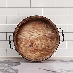 wholesale direct round coffee table tray - 13'' farmhouse wood serving tray with metal handles - round decorative tray for coffee table - round ottoman tray decor - wooden circle tray for kitchen counter bulk purchase at factory prices