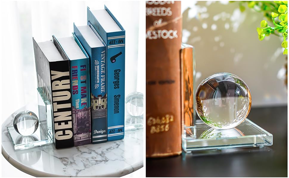 supplier direct 1 pair crystal bookends with crystal ball decorative ornaments,l shape non-skid sturdy book ends for heavy books,book holder stopper for shelf office home (4inch,clear) wholesale prices