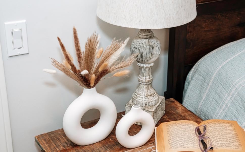 oem/odm services velova set of 3 white ceramic vase with 65 pcs dried pampas grass flowers aesthetic boho modern small round cute vases for decor living room coffee table shelf bedroom office desk home gifts women mom affordable bulk deals