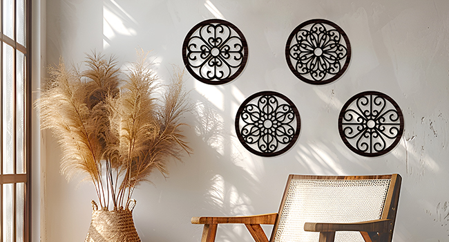 bulk purchase zzbakress 4 pcs wooden grainy rustic wall art farmhouse wall decor wooden exquisite hollow pattern wall decor elegant round wall art for living room dinner room kitchen bedroom hallway (black, rustic) trade price