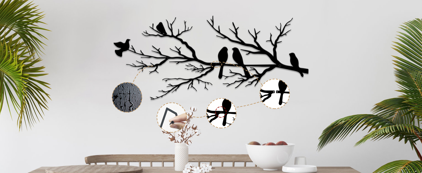 factory direct metal birds wall art, metal vivid birds on branch silhouette wall decor black leaves with bird outdoor metal hanging wall sculpture for home balcony garden(large) volume discount