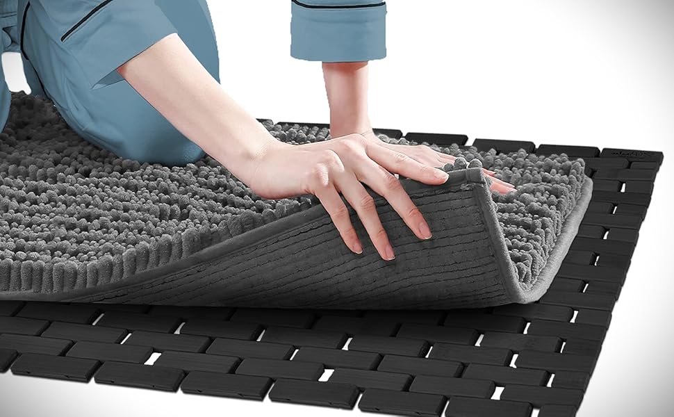 manufacturer direct bamboo bath mat - black coated, stain proof [16x24-inch wxl - bathroom floor, tub step, spa, sauna mat - great under pad for rugs, air flow, quick dry - foldable bathmat trade price