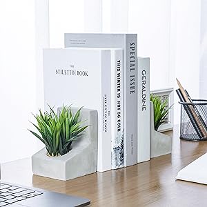 supplier direct mygift modern gray concrete l-shaped bookends for heavy books with artificial green grass plants, decorative heavy duty book stands for office desktop or bookshelf, 1 pair wholesale prices