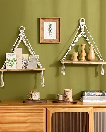 bulk purchase mkono macrame hanging shelves boho wall decor set of 2 rustic wood floating storage shelf for bedroom bathroom living room nursery dorm room, display shelving for hanging plants photos trade price
