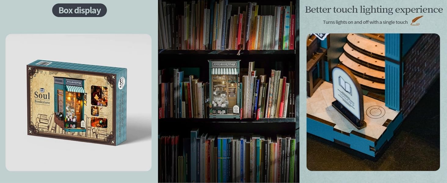 supplier direct meinesqis book nook diy miniatures book nook kit store 3d creative decorative bookend bookshelf insert wooden puzzle with led suitable for teenagers adults halloween christmas decoration gifts, blue wholesale prices