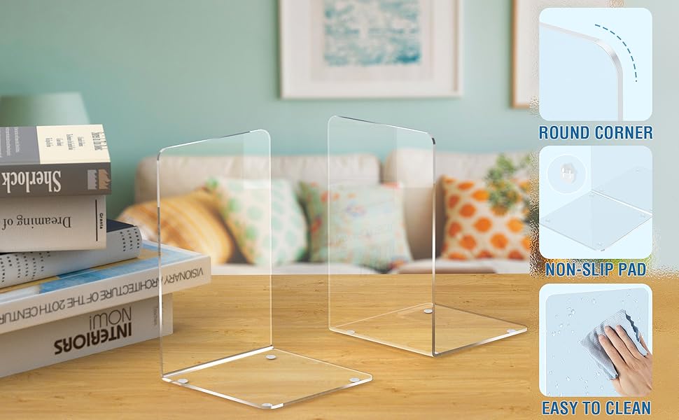 supplier direct acrylic bookends 4 pcs, clear book ends for shelves, transparent bookend organizer, book holder stand decorative, book stoppers for heavy duty books, cd, file, video games wholesale prices