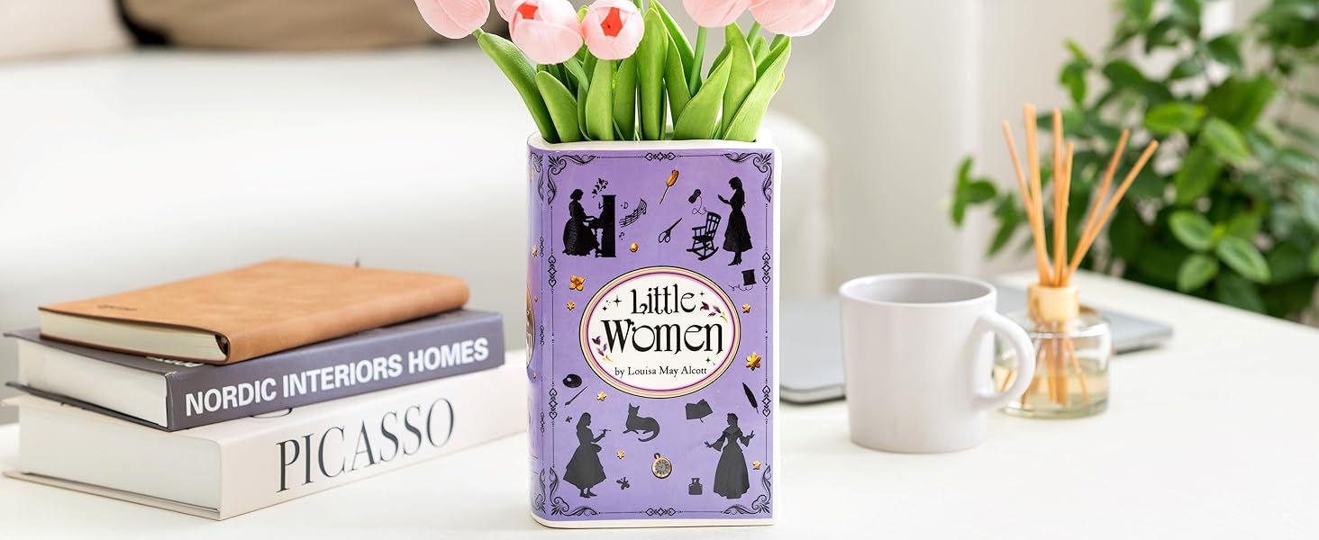 oem/odm services handmade book shaped flower vase, book lovers gifts, book shelf decor aesthetic, large ceramic utensil holder for kitchen counter, home kitchen decor, planter pot library decor (little women) affordable bulk deals
