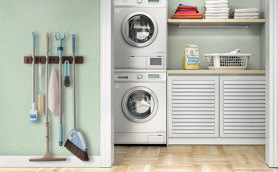 bulk purchase mop and broom holder wall mount - rustic wood broom mop hanger - wall mounted garden tool rack organizer for closet garage laundry room kitchen decor with 4 slots & 4 hooks trade price