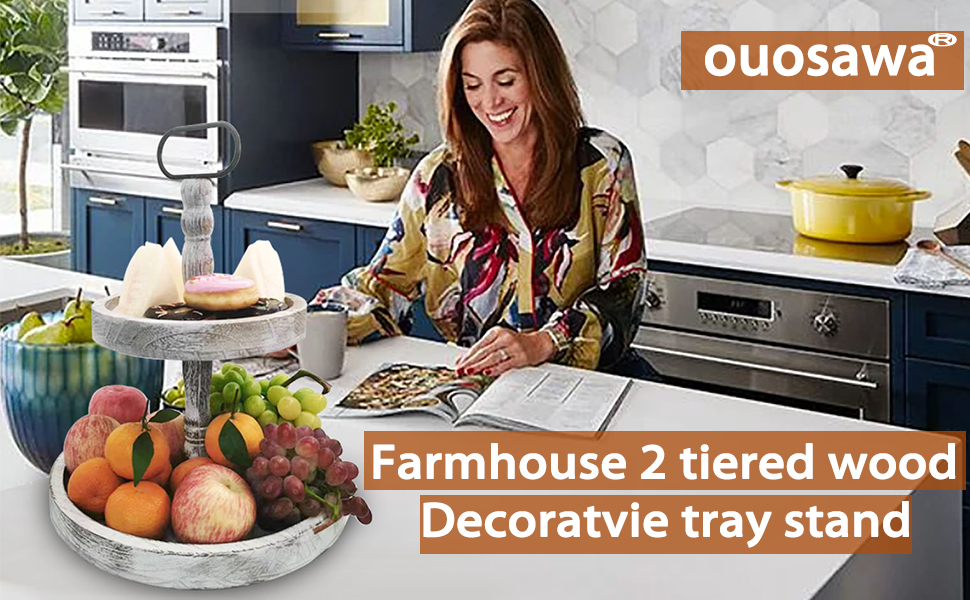 wholesale direct farmhouse 2 tiered tray stand for home decor, wooden serving tiered tray for coffee bar table centerpiece, decorative trays kit for countryside, round rustic stand for cake cupcake(white) bulk purchase at factory prices