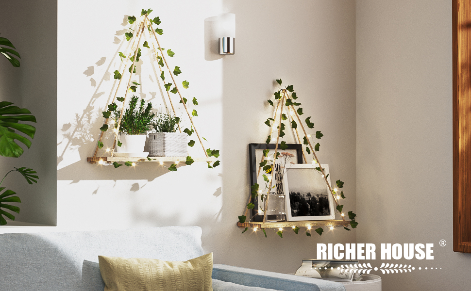 bulk purchase richer house artificial ivy led-strip wall hanging shelves set of 2, macrame shelf for bedroom bathroom living room kitchen, wood hanging plant shelves for wall décor trade price