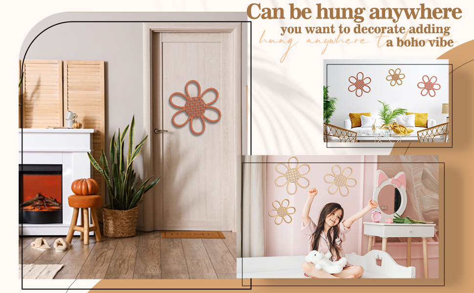 bulk purchase maitys 3 pieces boho daisy wall decor natural rattan flower wall hanging art wooden boho nursery flowers wall decor for home nursery(classic color) trade price
