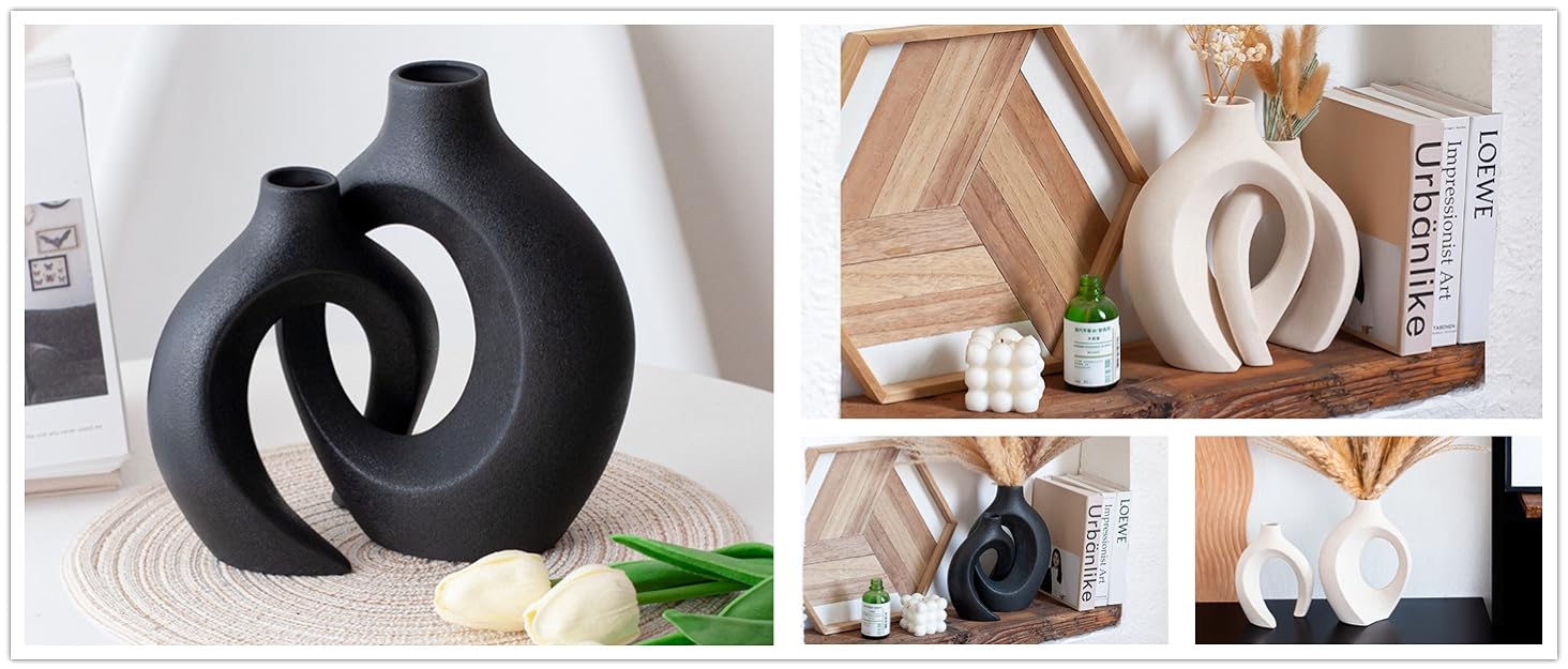 oem/odm services off white hollow ceramic vase set of 2, round modern vase for nordic minimalist book style shelf decor, donut boho aesthetic vases for trendy home living room entryway coffee table decorative affordable bulk deals