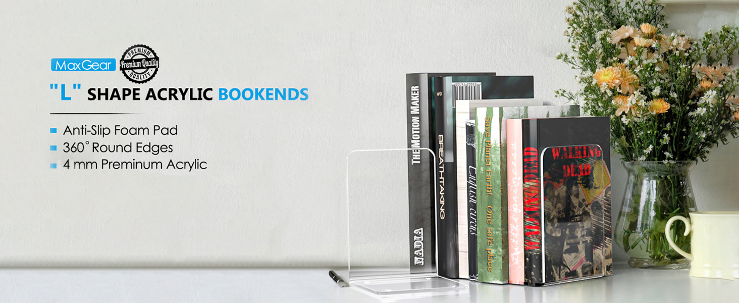 supplier direct maxgear bookends acrylic book ends clear book ends for shelves decorative bookends for shelves non-skid book end heavy duty bookend book holders for shelves book stoppers (2 pair/4 pieces, large) wholesale prices
