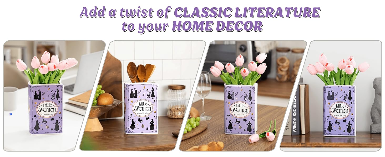 oem/odm services handmade book shaped flower vase, book lovers gifts, book shelf decor aesthetic, large ceramic utensil holder for kitchen counter, home kitchen decor, planter pot library decor (little women) affordable bulk deals