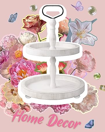 wholesale direct 2 tiered tray, rustic round farmhouse style decorative tray, dessert stand kitchen island decor, wooden serving tray for coffee food fruits cupcakes, home decor holiday display, dark wood bulk purchase at factory prices