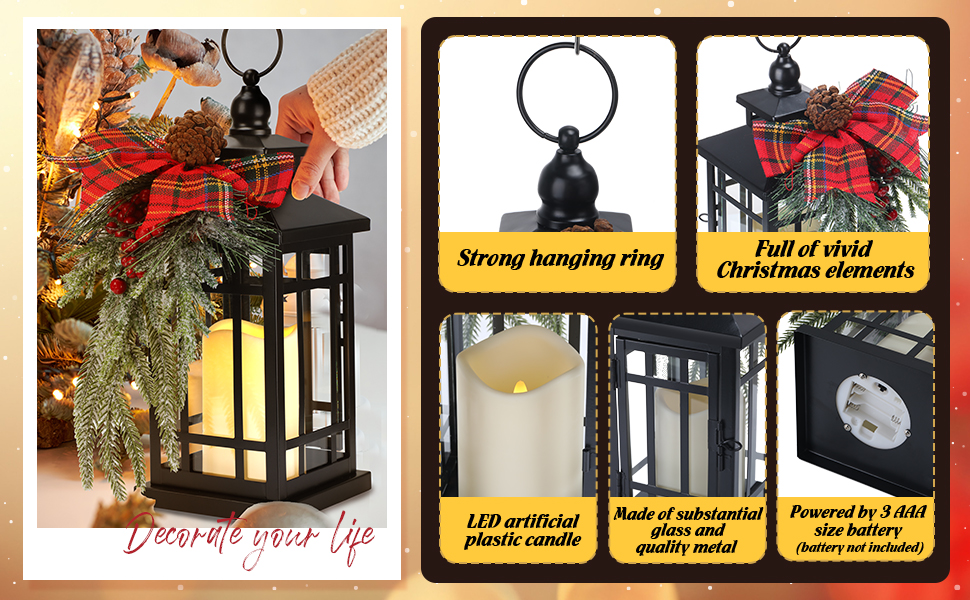 custom wholesale 2 pcs christmas decorative lanterns black metal christmas party hanging candle lantern vintage flameless decorative lanterns with led lights for indoor outdoor christmas home table porch party decor oem/odm services