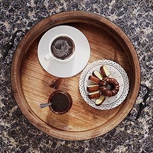 wholesale direct round coffee table tray - 13'' farmhouse wood serving tray with metal handles - round decorative tray for coffee table - round ottoman tray decor - wooden circle tray for kitchen counter bulk purchase at factory prices