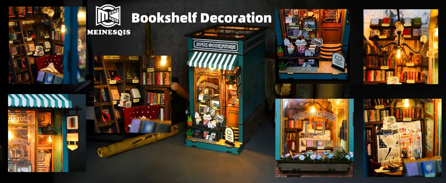 supplier direct meinesqis book nook diy miniatures book nook kit store 3d creative decorative bookend bookshelf insert wooden puzzle with led suitable for teenagers adults halloween christmas decoration gifts, blue wholesale prices
