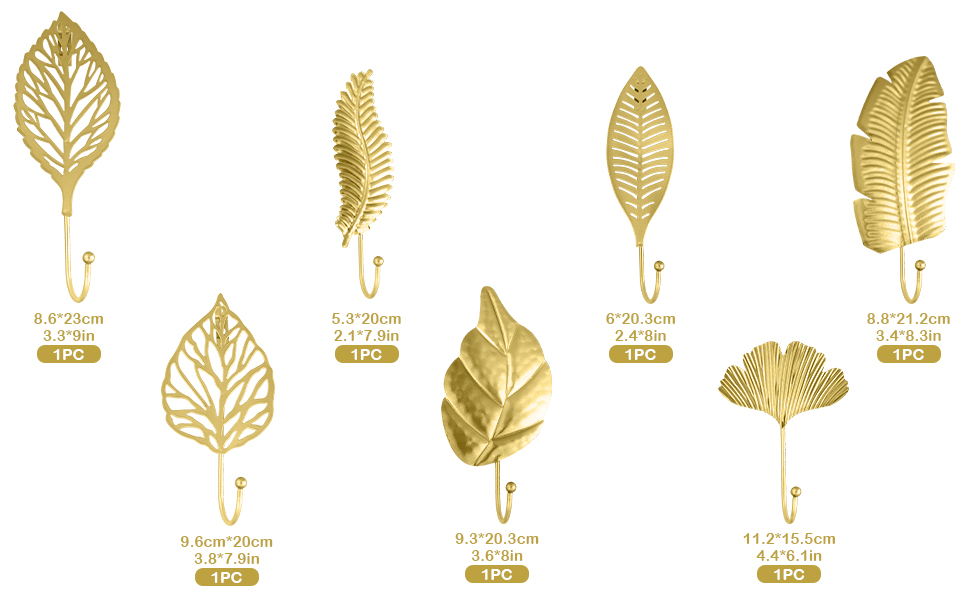 competitive pricing 7pcs leaves wall hooks for hanging heavy duty, gold iron decorative hooks for coat towel hat wall mount hangers racks for bathroom, kitchen, door, wardrobe, farmhouse (include screws) one-stop wholesale
