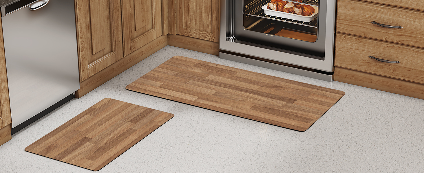 manufacturer direct lumi 2pcs ultra-thin wood grain kitchen mat set, low profile, non slip, quick dry, washable kitchen rugs, teak, 17