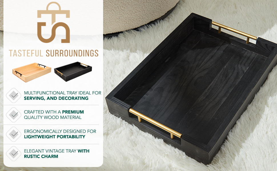 wholesale direct wooden serving tray by tasteful surroundings – ottoman tray - natural wood color with black metal handles - modern decorative trays with metal handles – coffee table tray for living room & bedroom bulk purchase at factory prices