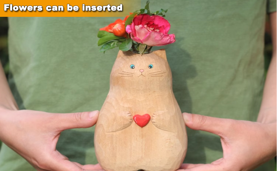 oem/odm services cat vase handmade wooden vase, home decor small vases,solid wood cat statue holding heart shaped,modern creative cat decor affordable bulk deals