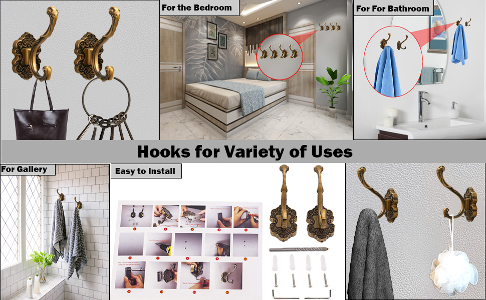competitive pricing sdh antique brass coat hooks wall mounted -vintage style wall hooks for hanging purse, hat, keys & clothes - heavy duty bathroom hooks for towels - pack of 2 one-stop wholesale