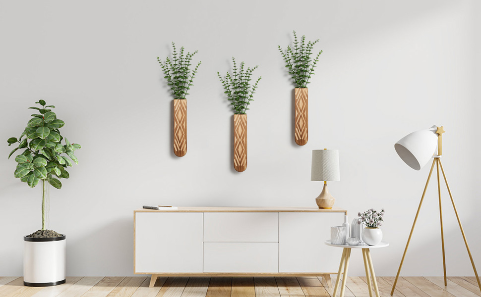 bulk purchase wall planter, geometric pattern wall vase for living room and farmhouse wall decor, 3 pack hanging planter for holding dried flowers and faux greenery, modern wood planter trade price