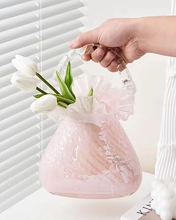 oem/odm services purse vase for flowers (handmade), glass bag vase, handbag shape flower vase, blown pink flower vase for basket, unique flower vase with handles, decorative for home decor, wedding affordable bulk deals